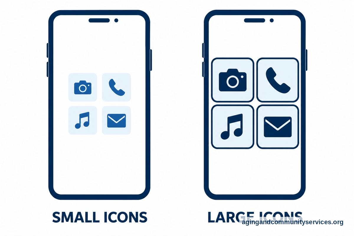 Two views of the same smartphone show small pale icons on the left and larger dark icons with stronger borders on the right.