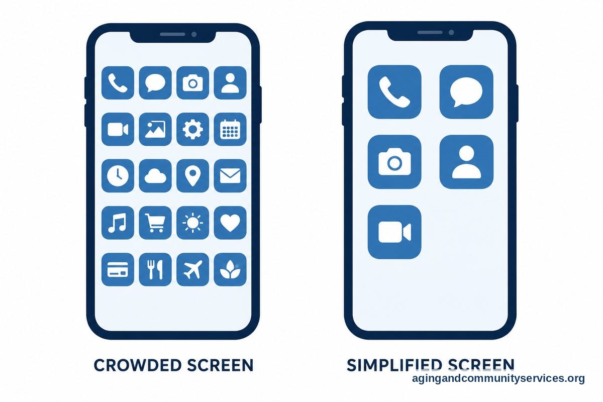 The same smartphone appears twice, first with many small app icons and then with five larger icons spaced across the screen.