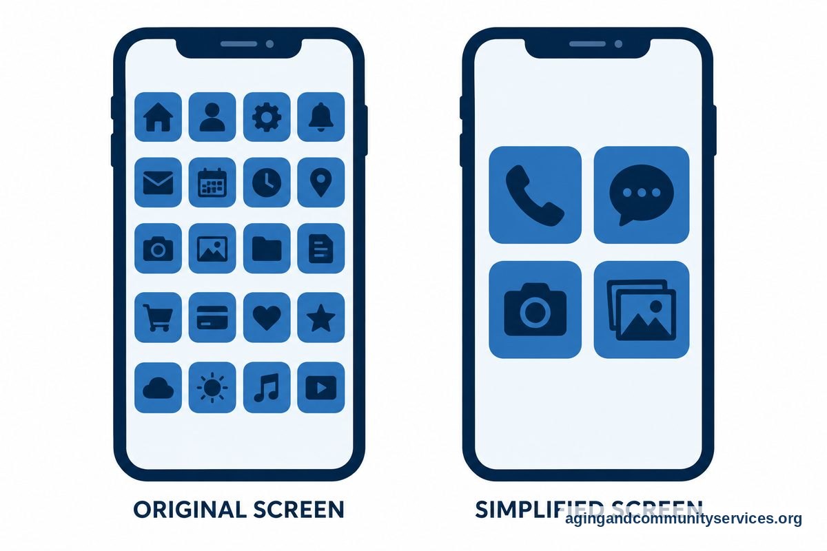 Two views of the same smartphone show a dense grid of small icons beside a simplified screen with four large icons.