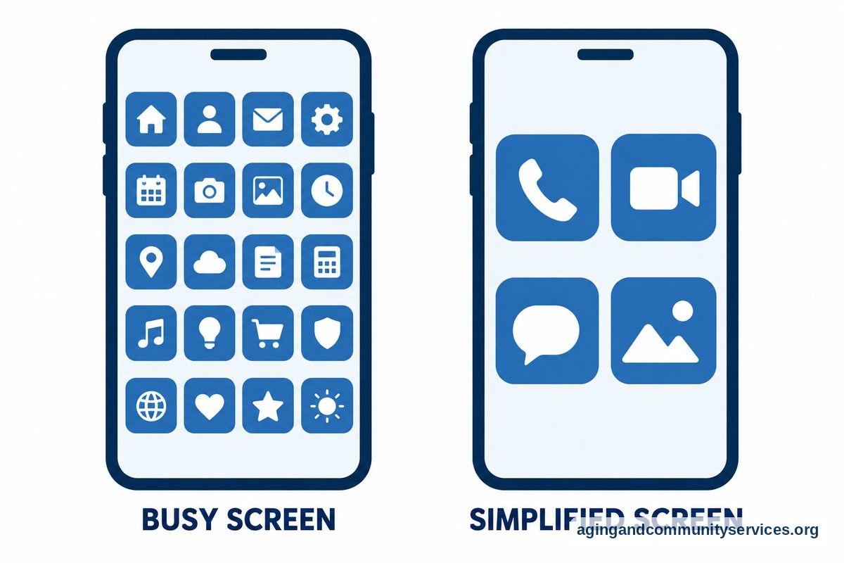 Two views of the same smartphone show a dense grid of small icons beside a simplified screen with four large icons.