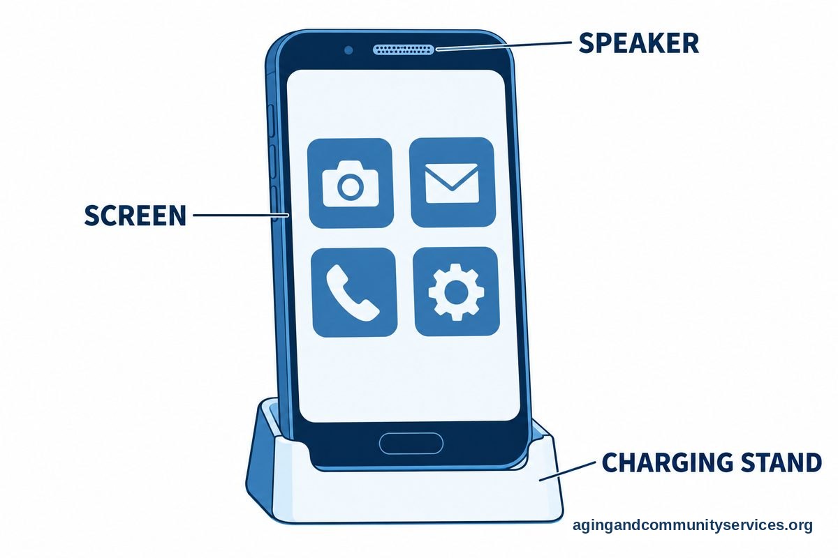 A large smartphone rests in a charging stand, with three callouts pointing to its screen, speaker grille, and stand.