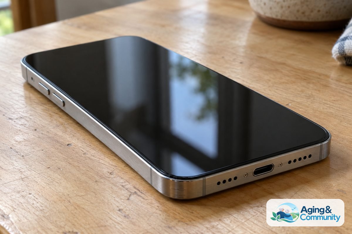 A smartphone lies diagonally on a wooden table with its side volume buttons, bottom speaker openings, and charging port visible.