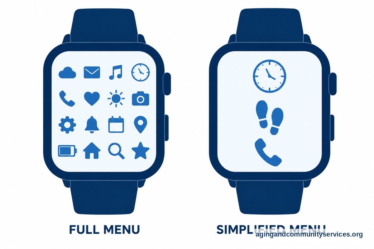 Two views of the same smartwatch show a dense grid of small app icons followed by three large icons for a clock, footsteps, and a phone.