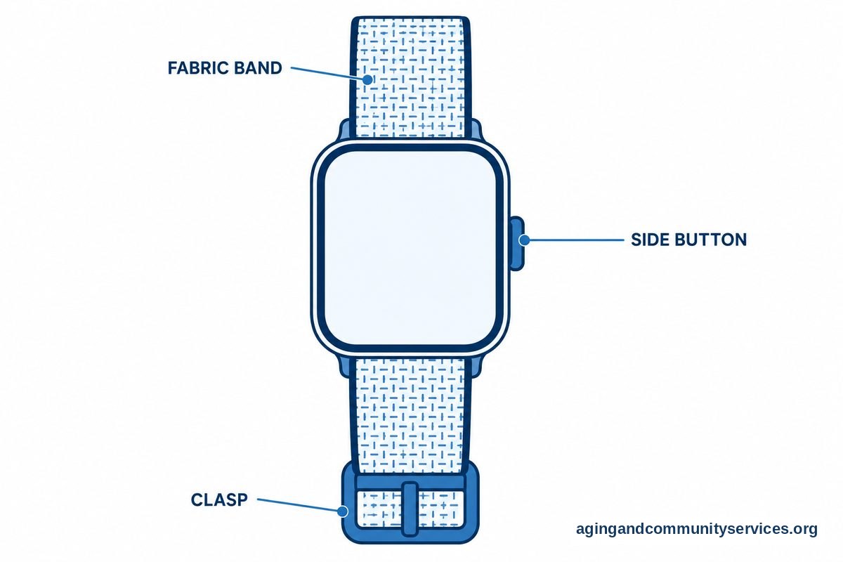 AI Wearables for Elderly Care: A Plain-English Guide 4 A large smartwatch illustration has three callouts pointing to its fabric band, clasp, and side button.