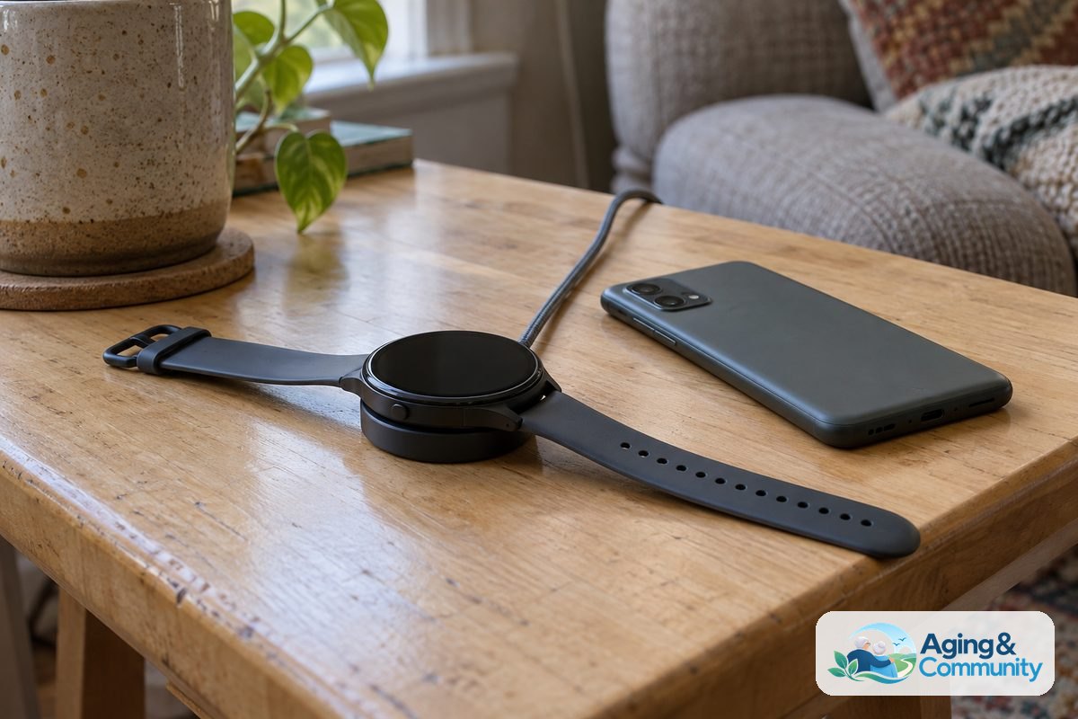 A round smartwatch rests on a magnetic charging puck beside a face down smartphone, with its cable routed behind a wooden side table.