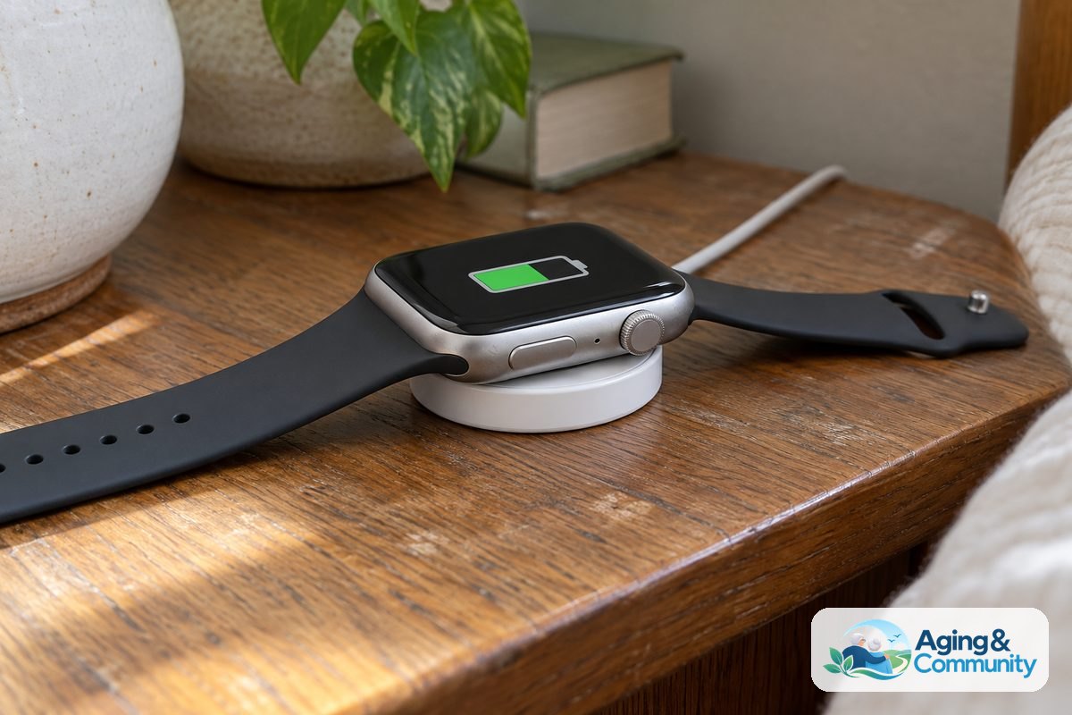 A smartwatch rests on a circular charging puck with its open silicone band draped across a wooden tabletop.
