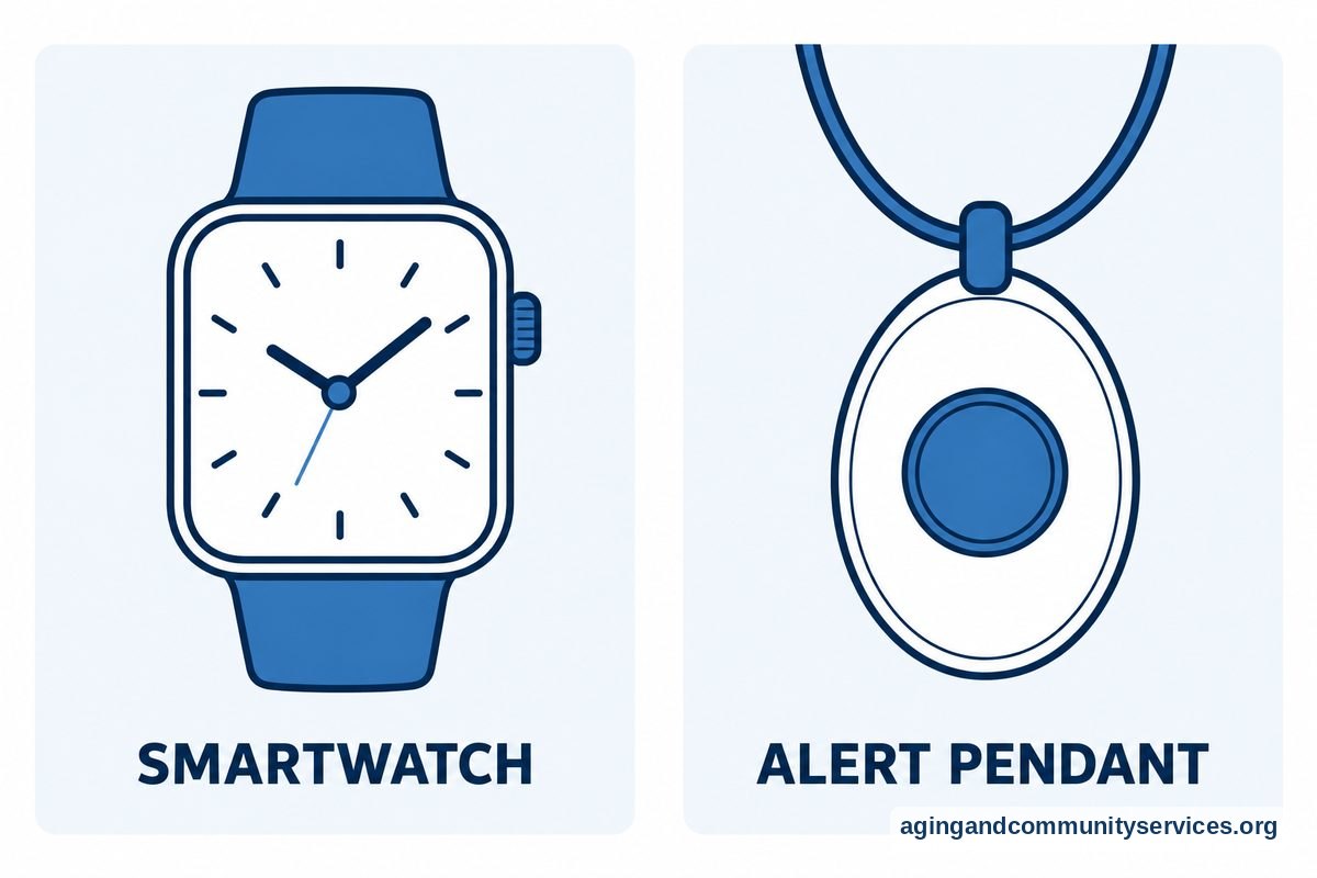 A flat vector illustration places a rectangular smartwatch with a wristband beside an oval medical alert pendant with a large central button and neck cord.