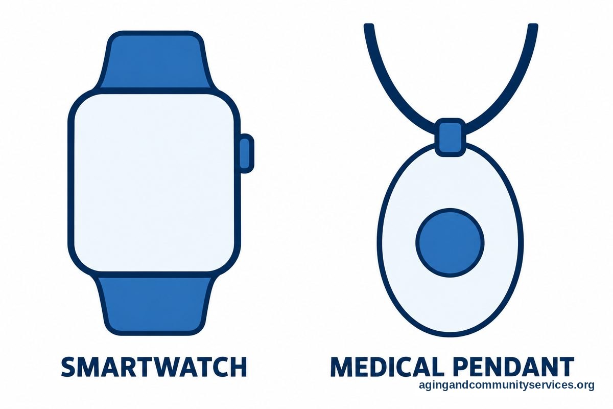 Fall Detection Apple Watch Who Does It Call? A Clear Guide 4 A flat illustration shows a rectangular smartwatch with a wristband beside an oval medical alert pendant with a neck cord.