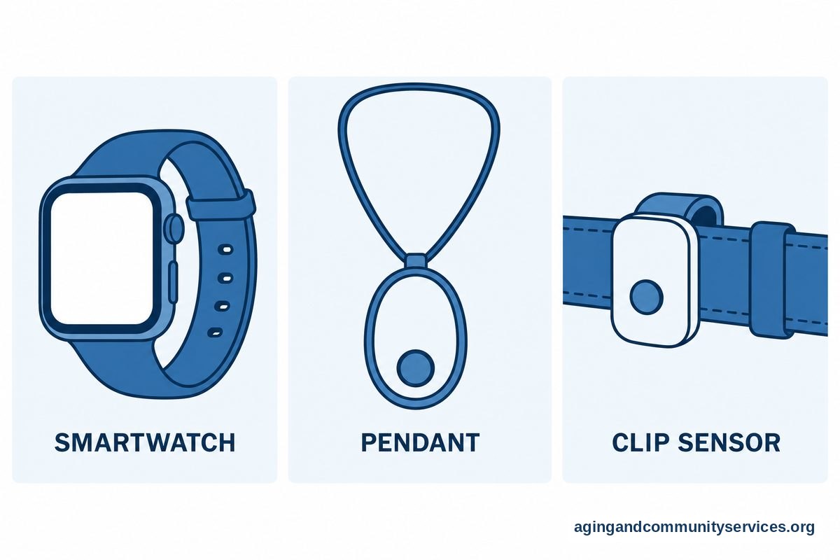 AI Wearables for Elderly Care: A Plain-English Guide 2 Three illustrated panels show a smartwatch with a wristband, a pendant with a neck cord, and a small sensor clipped to a belt.
