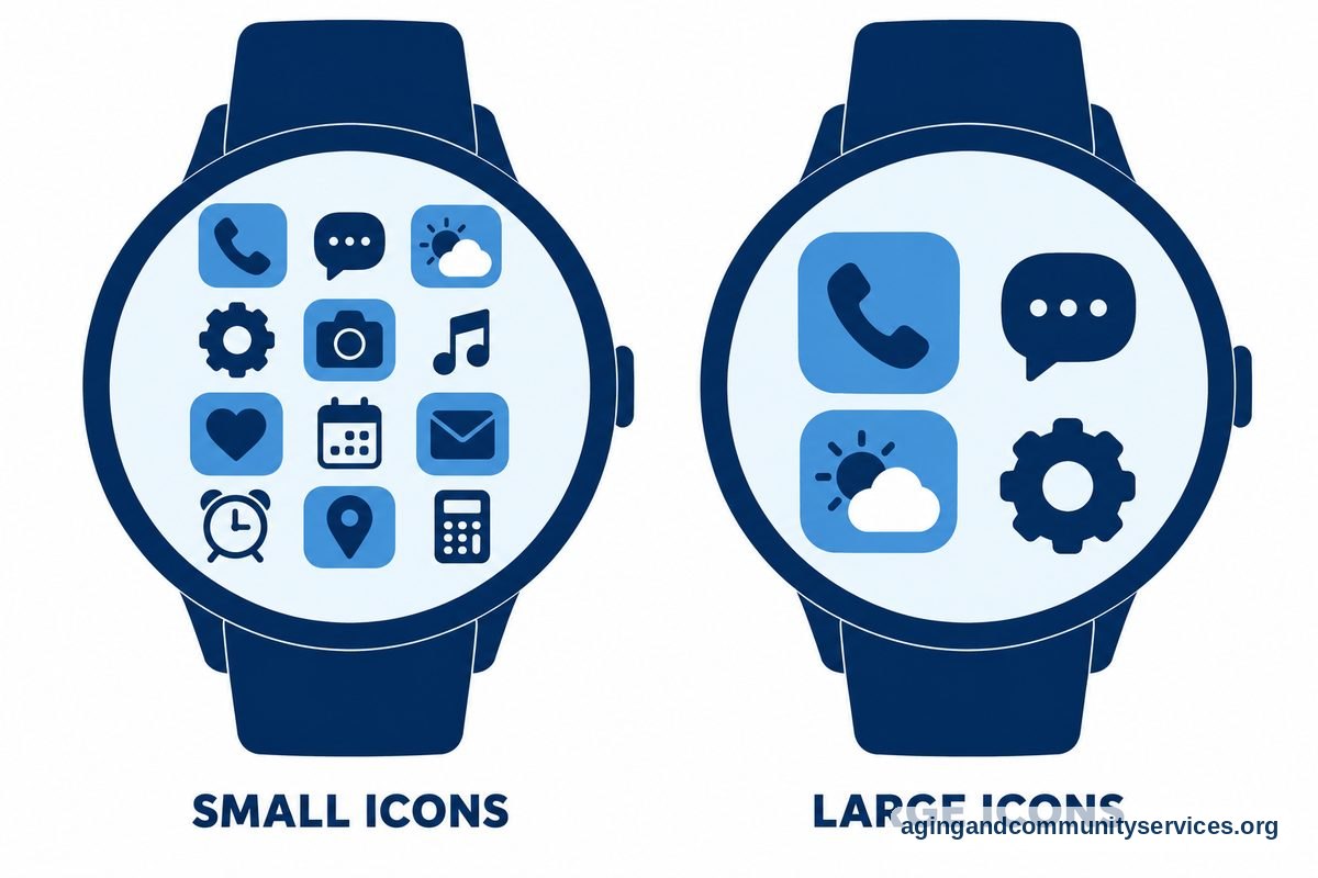 The same round watch appears twice, first with many small icons and then with four larger icons spaced farther apart.
