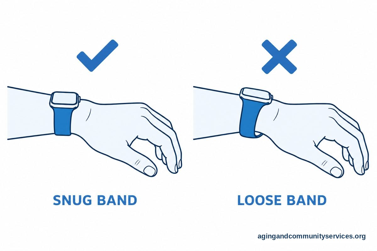 Two drawings of a wrist show a smartwatch band resting against the skin beside a loose band with a visible gap.