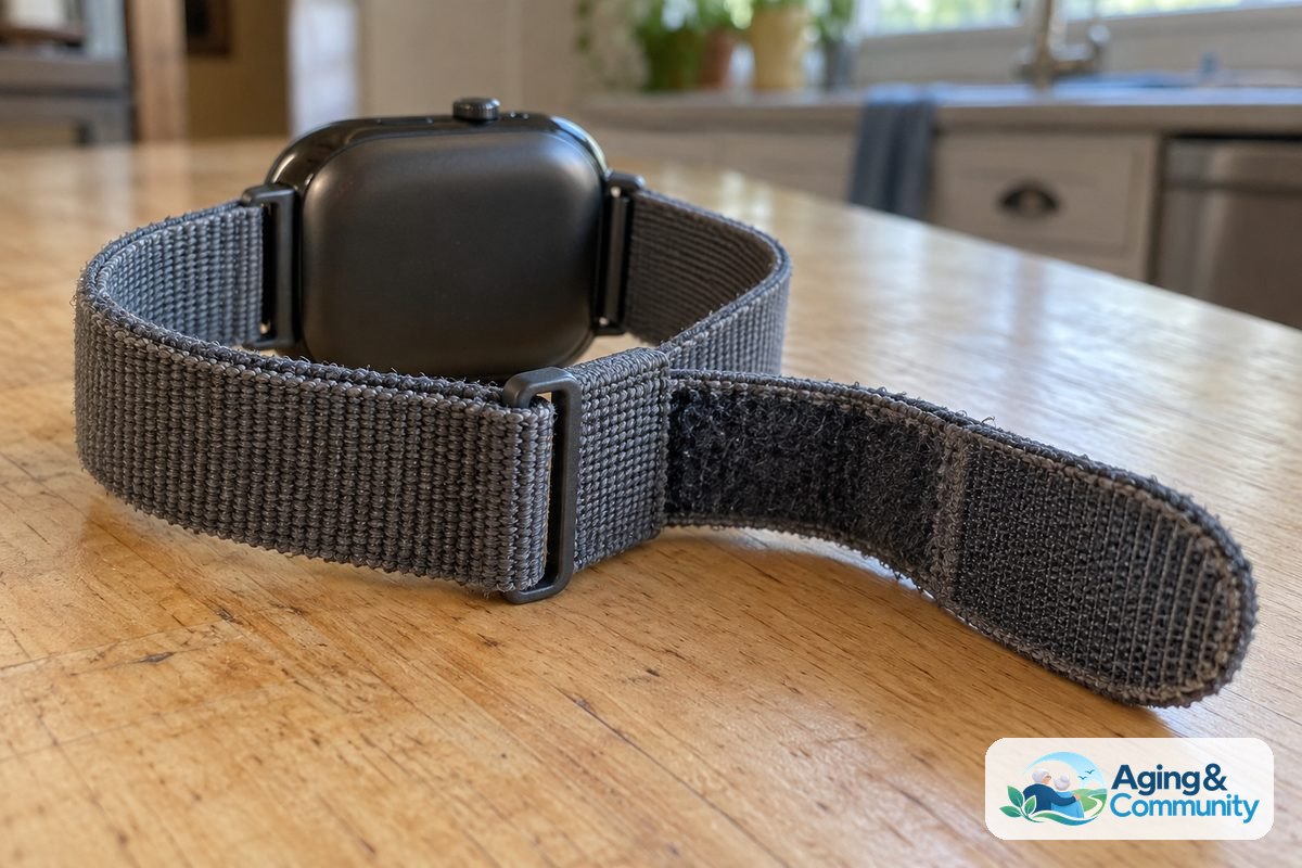 A smartwatch lies face down with its woven fabric band opened to reveal the adjustment loop and fastening patch.