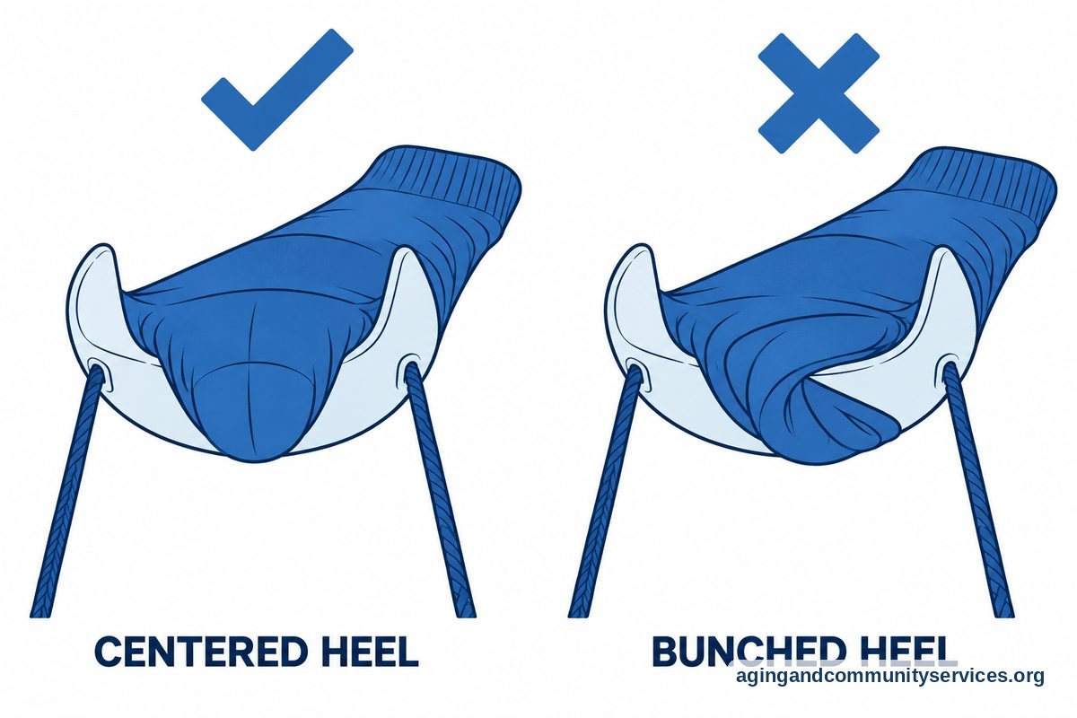 Two underside views of a loaded sock aid compare a smooth centered sock heel marked with a check and a folded sideways heel marked with a cross.