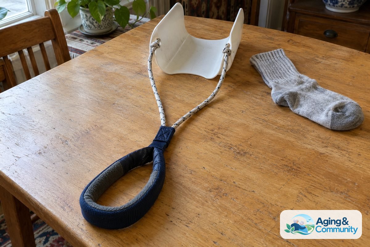 A sock aid lies on a wooden table with two side cords joined to one broad padded loop handle.