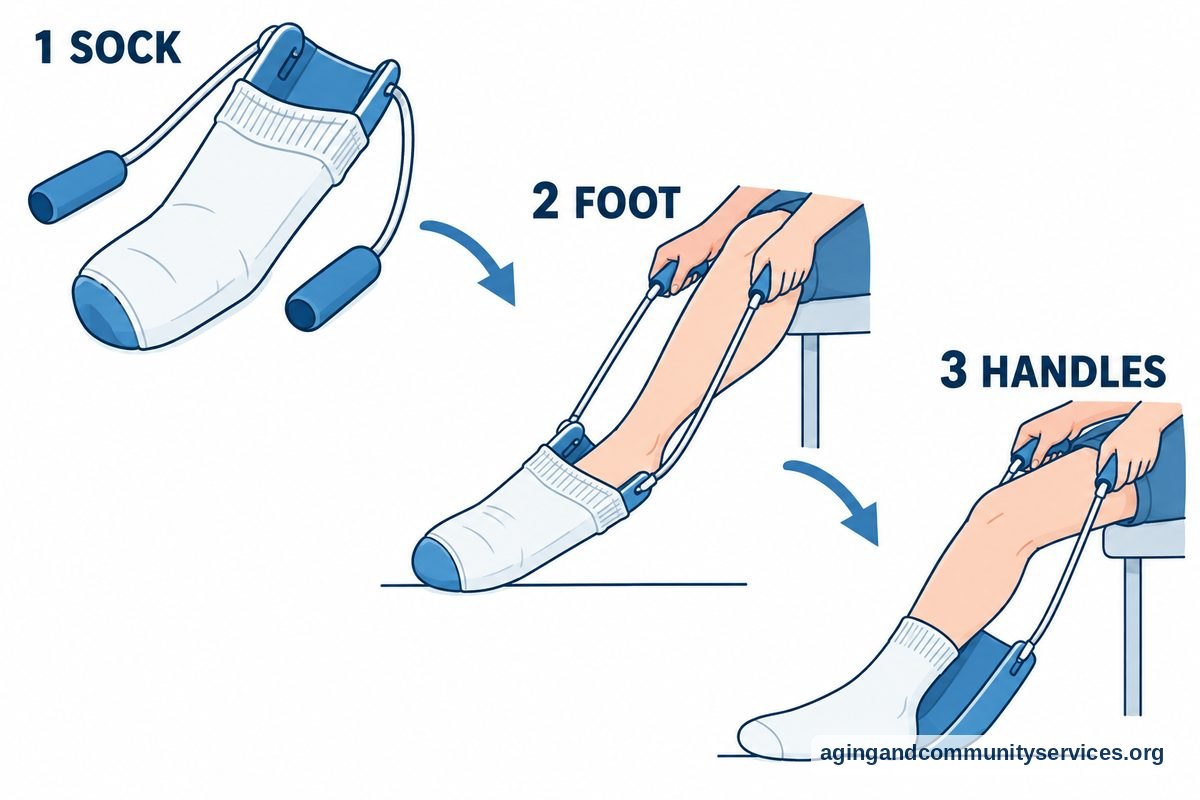 Three numbered drawings show a sock loaded onto a curved shell, a foot entering the opening, and hands pulling the foam handles as the shell slides free.