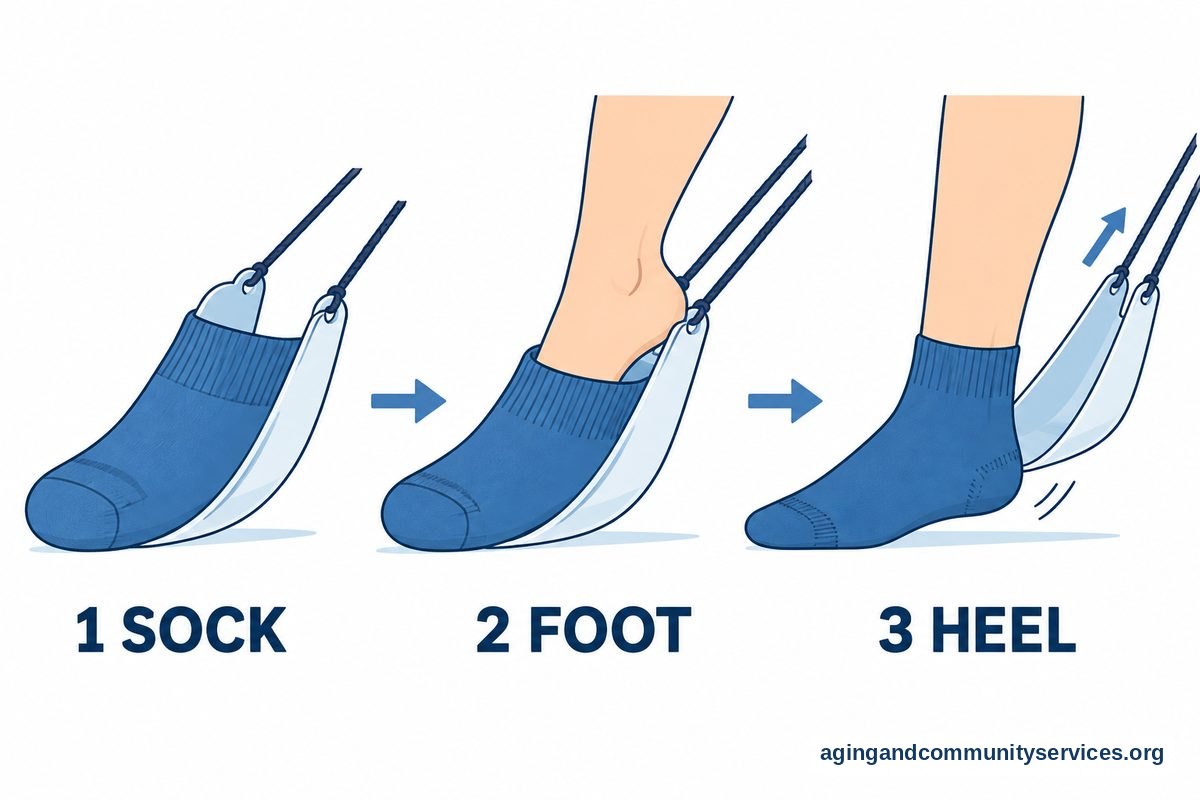 Three numbered drawings show a sock stretched over a curved shell, a foot entering the opening, and the sock on the foot as the shell slides free.