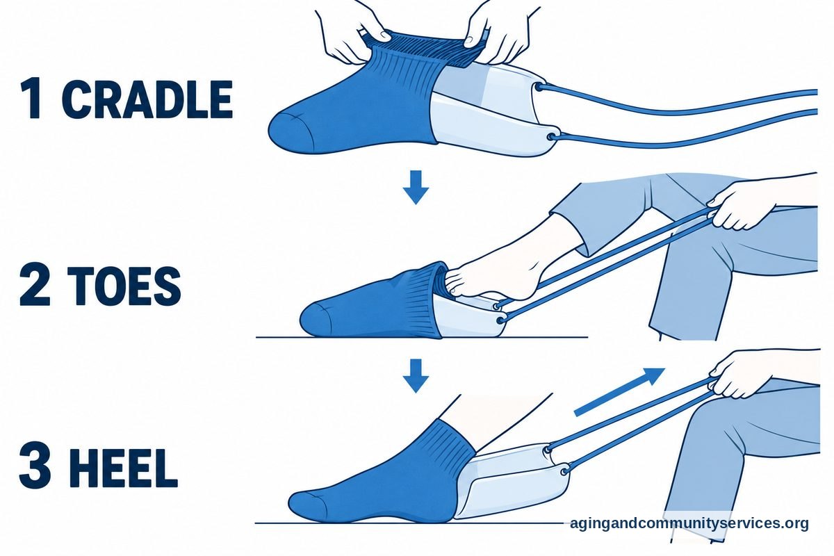 Three numbered drawings show a sock loaded onto a curved cradle, toes entering the opening, and the cradle sliding past the heel as the cords are pulled.