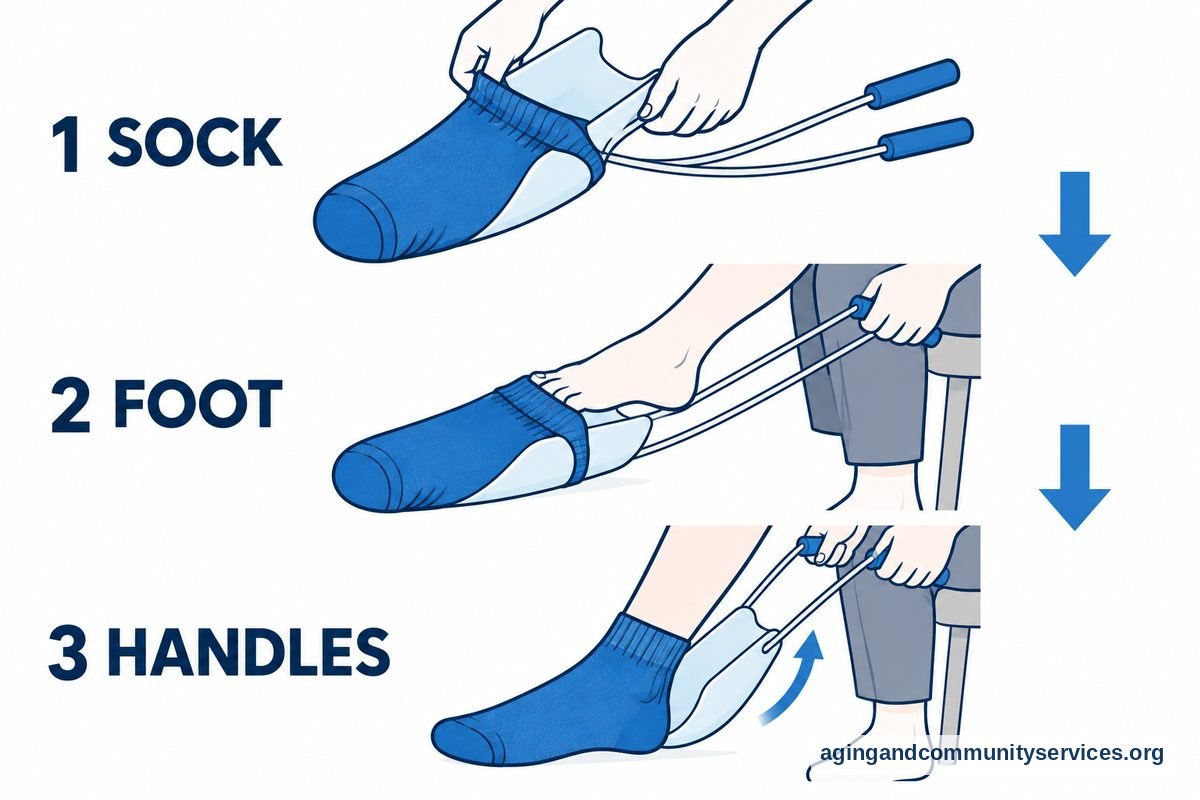 A three stage diagram shows a sock loaded over a cradle, a foot entering the opening, and hands pulling the cords as the cradle slides away.