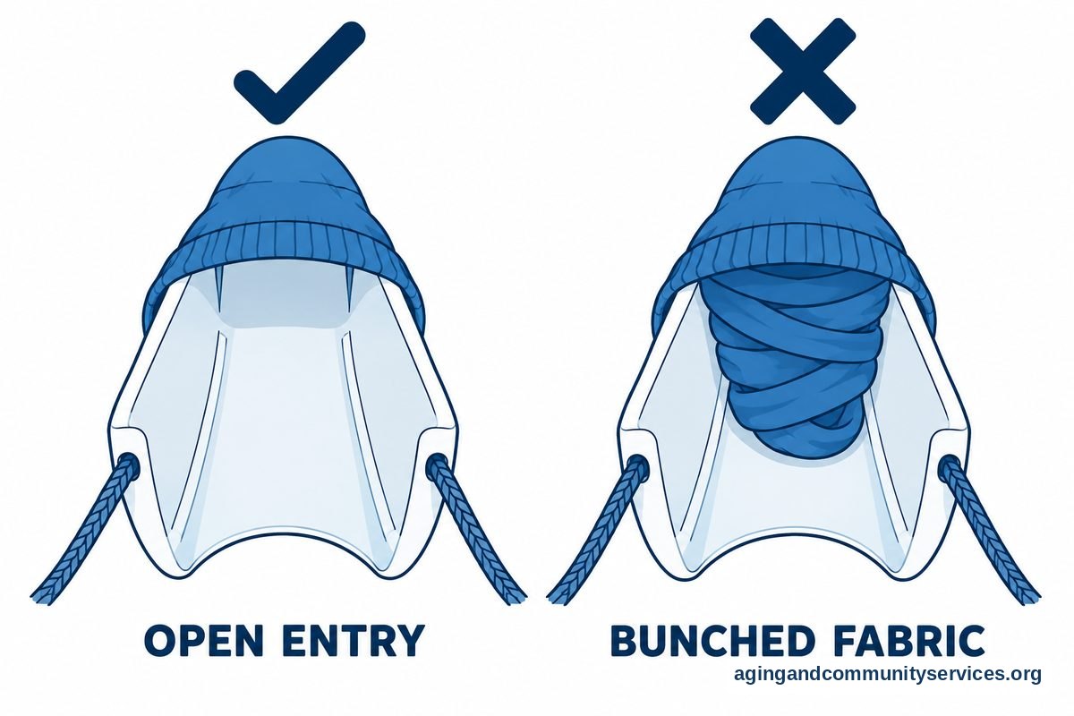 Two views of a loaded sock aid contrast an open foot entry marked with a check and an entry blocked by bunched fabric marked with a cross.