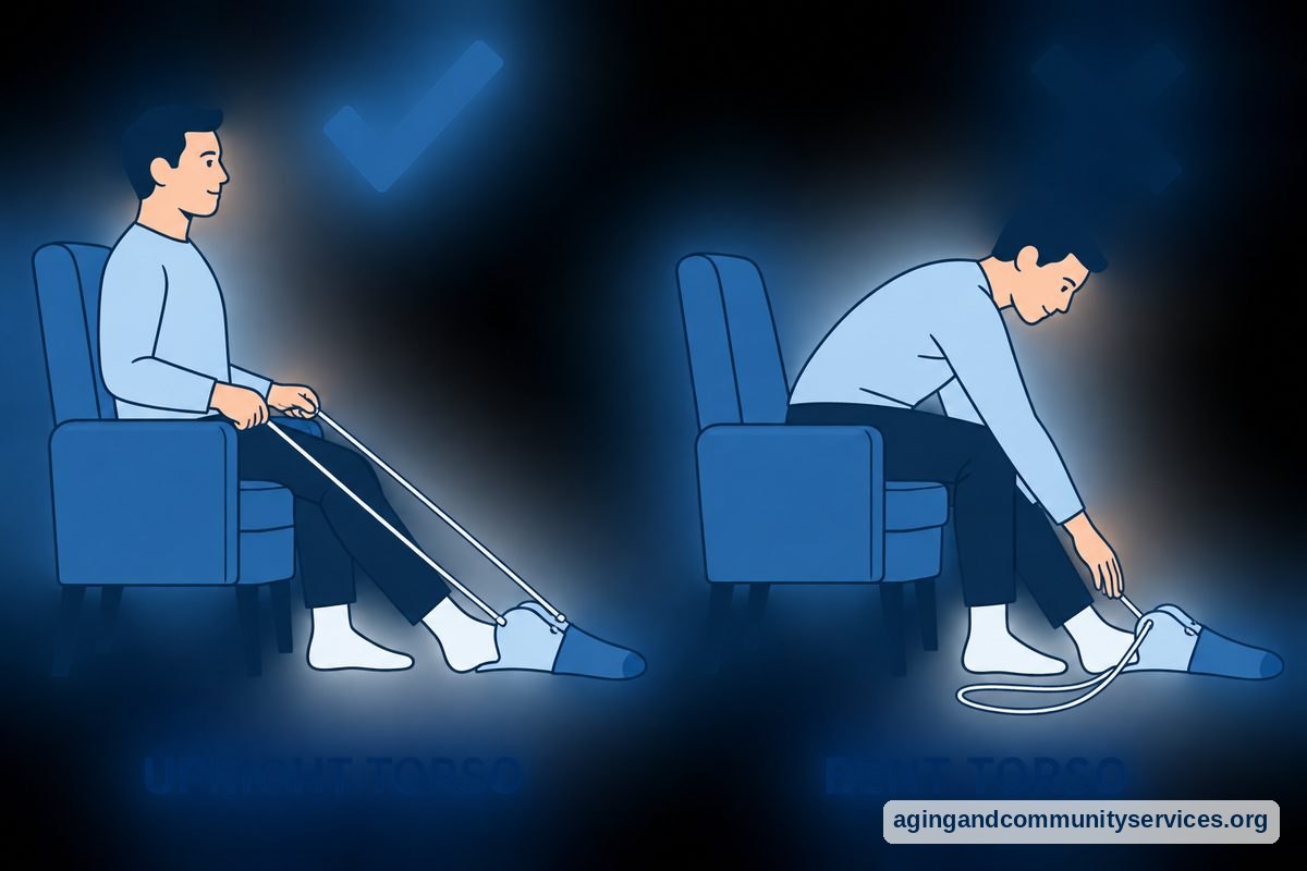 Two side view drawings compare an upright seated person holding long sock aid cords with a seated person bending forward to reach a foot.