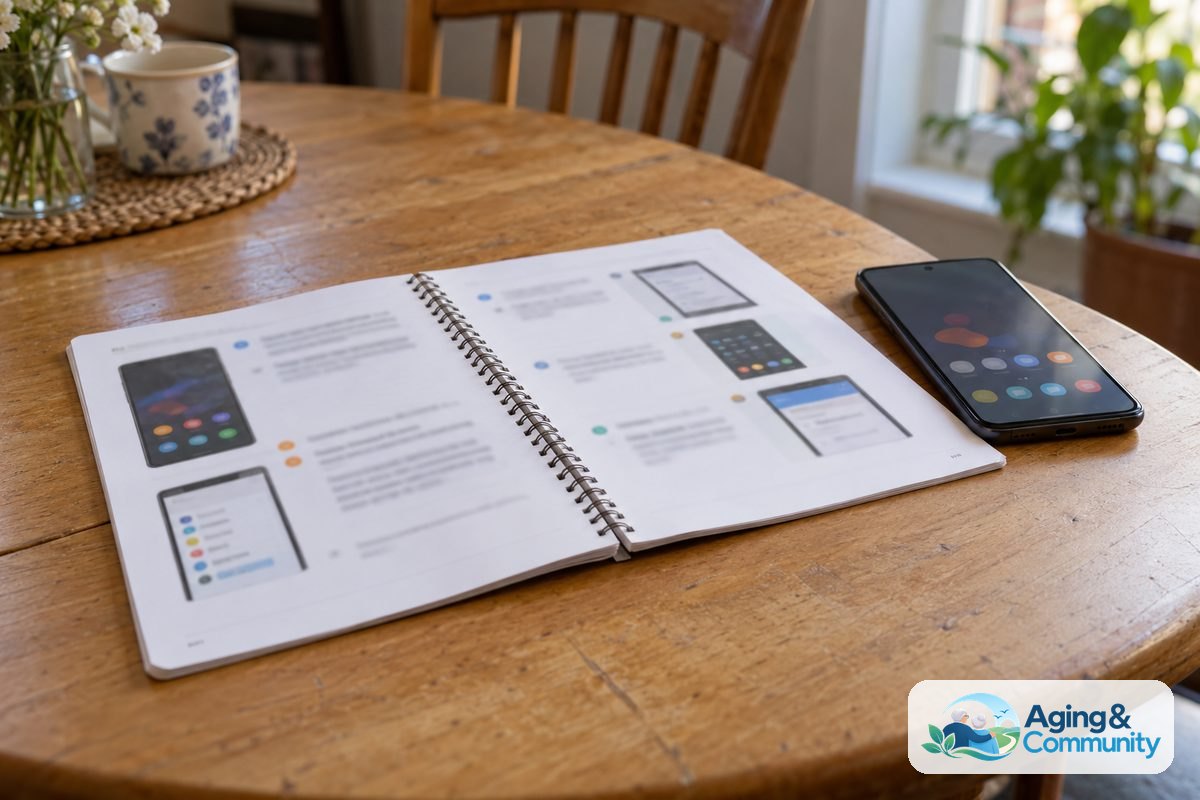 A spiral bound guide lies open beside a smartphone, with its metal binding and illustrated page layout visible.