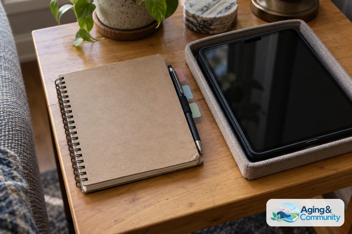A closed spiral notebook with colored page tabs and a pen rests beside a tablet in a fabric lined tray on a side table.