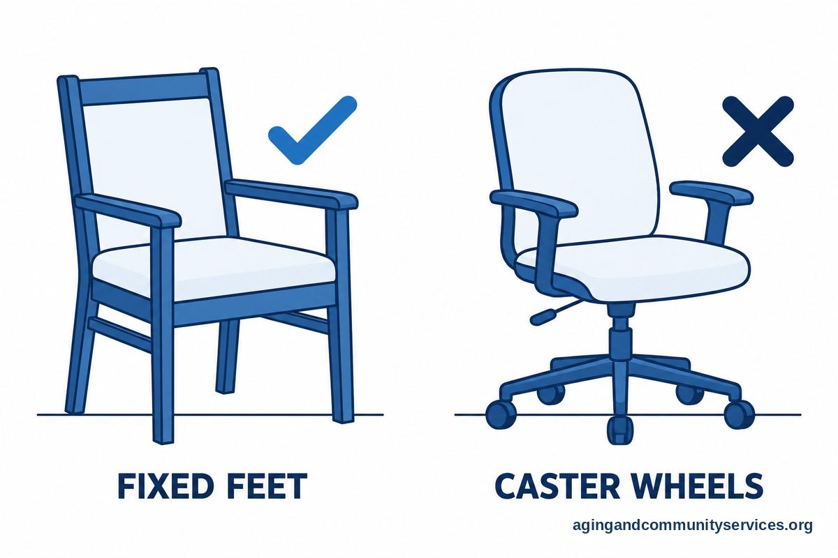 Fall Prevention Games for Seniors: Balance Fun 2 A wooden armchair with four fixed feet appears beside a check mark, while an office chair with casters appears beside a cross.