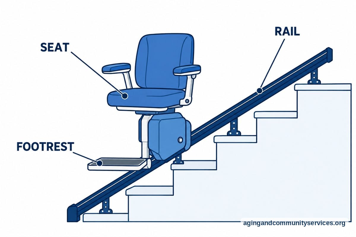 A stair lift mounted along a short staircase has callouts pointing to its seat, rail, and footrest.