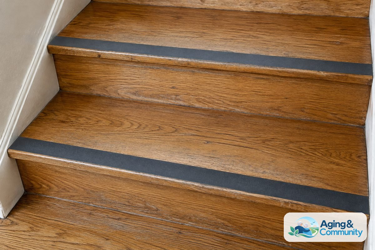 Health And Safety Using Stairs At Home 2 Three oak stair treads have flat dark strips along their front edges under even illumination.