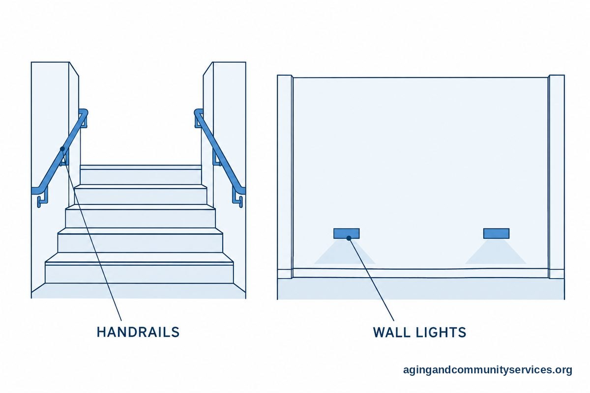 Two vector panels show a staircase with handrails on both sides and a hallway with low wall lights beside an unobstructed floor.