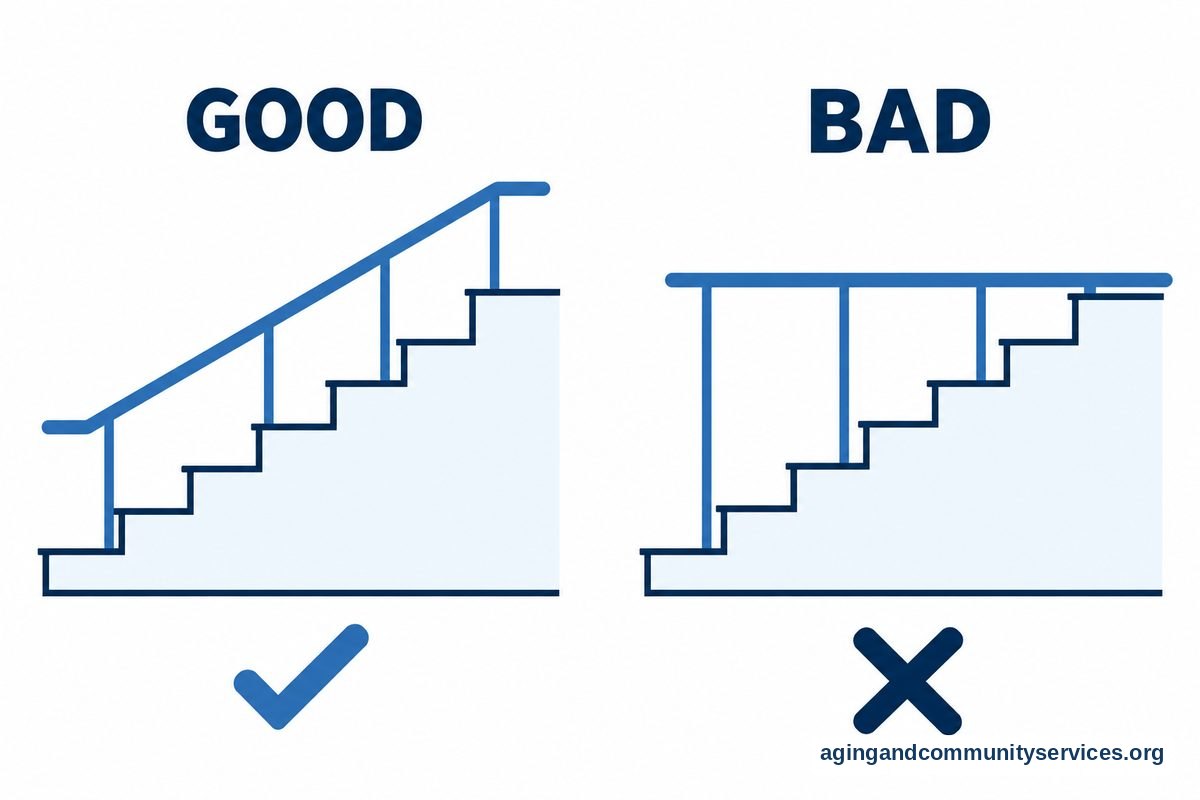 A flat vector diagram compares a correct handrail installation on a stair side with an incorrect, low‑placed rail on the opposite side, each marked with a check or cross.