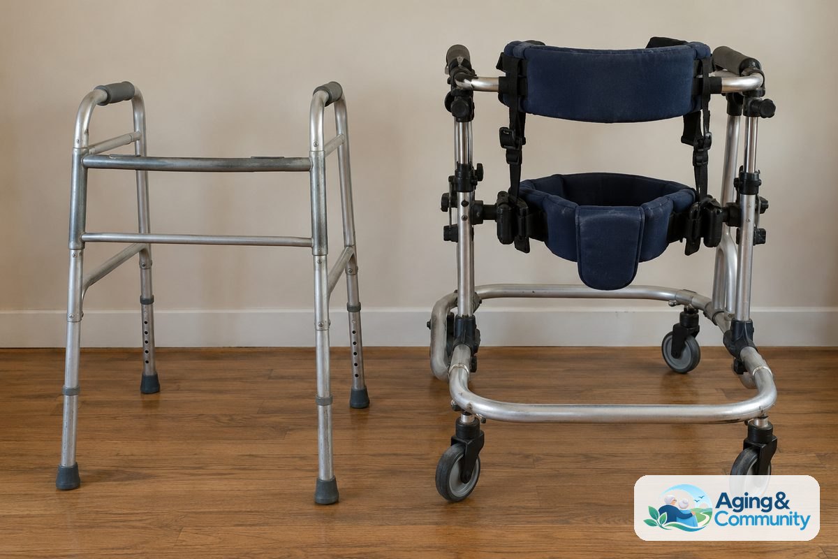 Walker vs Gait Trainer: Practical Differences and Guide 1 An aluminum walker and an adult gait trainer stand beside each other on a wood floor, showing their different frames and attachments.