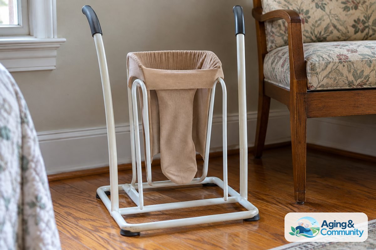 A rigid metal stocking donner holds a beige compression stocking open on its central cradle above a broad floor base.