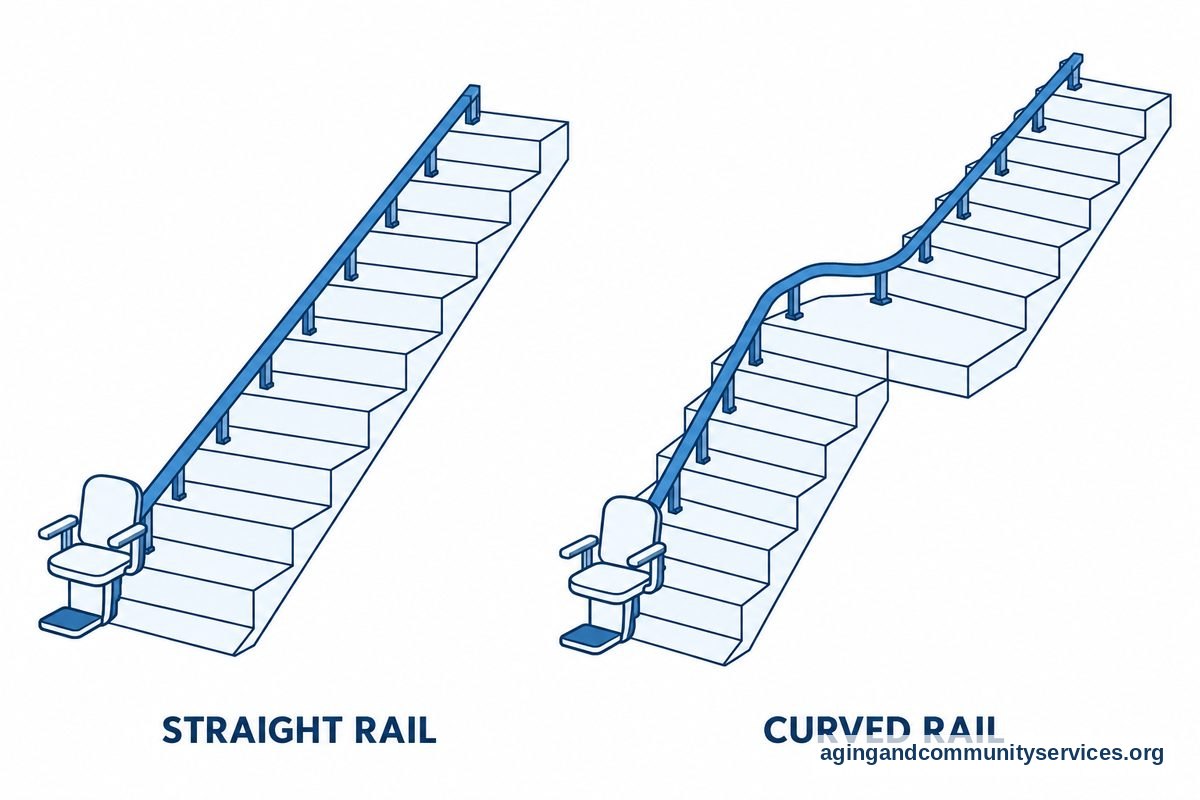How to Use Stair Lift Safely Every Day 5 Two diagrams show a stair lift rail following a straight staircase and a curved rail following a staircase that turns at a middle landing.