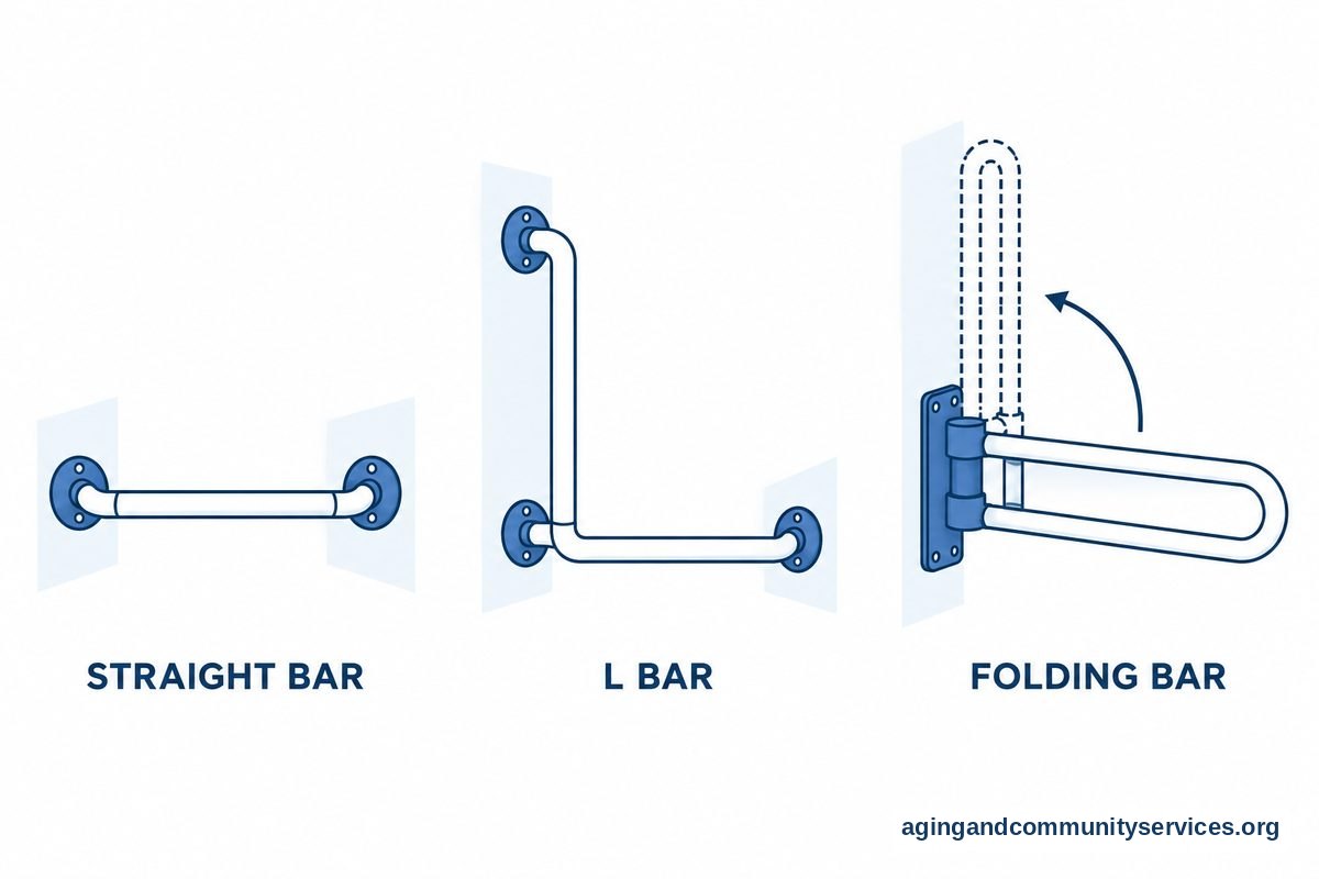 Three drawings show a straight grab bar, an L shaped grab bar, and a hinged grab bar with its raised position outlined.