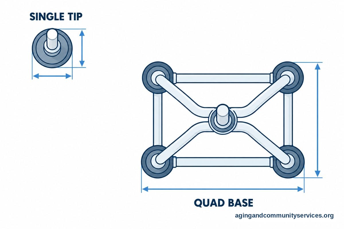 A measurement drawing shows the single tip of a straight cane and the wider rectangular base of a quad cane with width and depth arrows.
