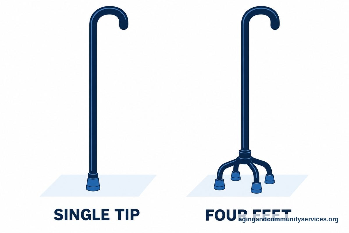 Two illustrations show a straight cane with one rubber tip and a quad cane with four rubber feet resting on level surfaces.