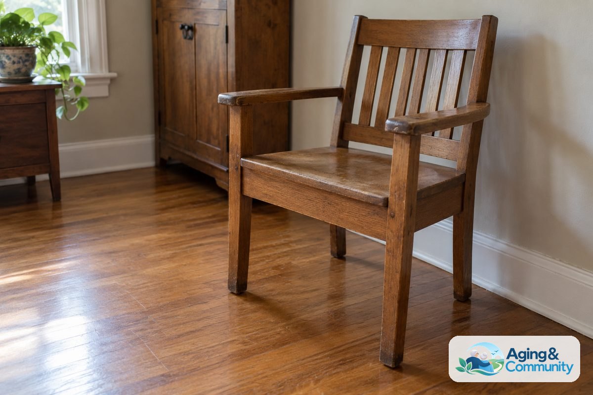A sturdy wooden chair with armrests stands against a wall beside a clear patch of hardwood floor.