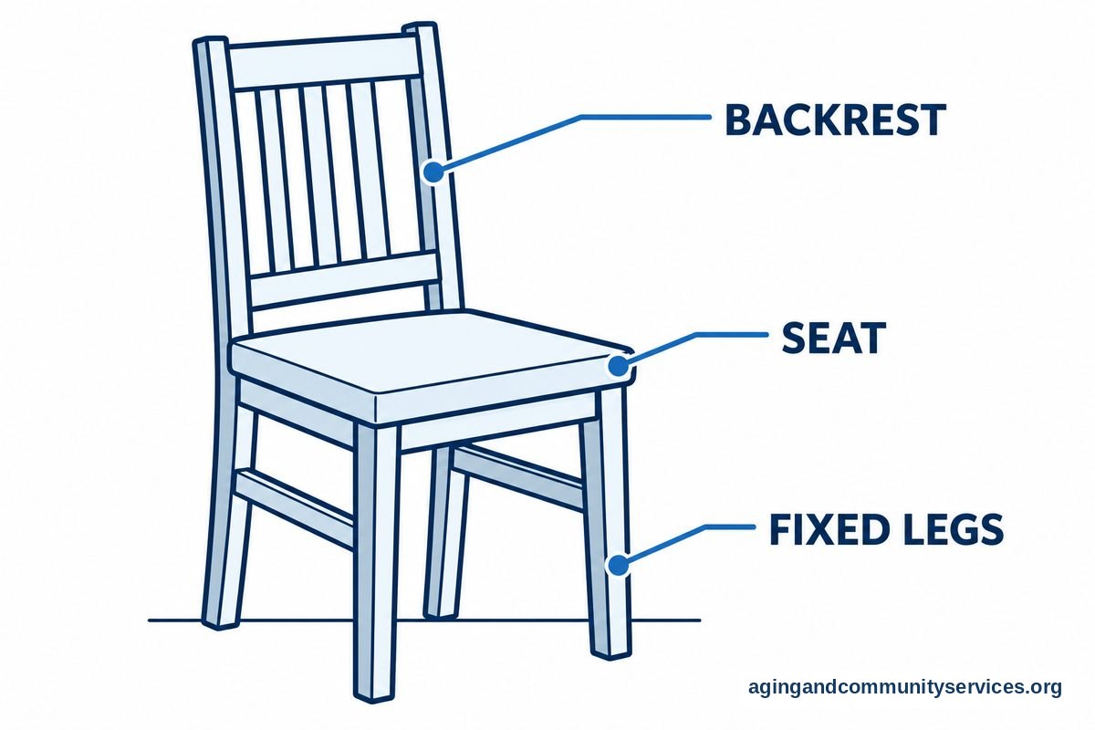 A large drawing of a straight backed chair identifies its backrest, seat, and four fixed legs without wheels.
