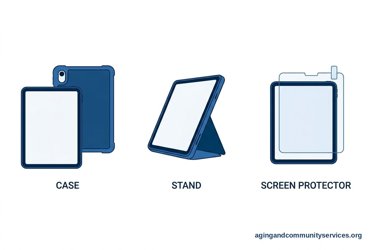 Tablet for Senior Citizen: Simple Buying Guide 5 Three illustrated panels show a protective tablet case, a tablet resting on a stand, and a screen protector aligned above a tablet screen.