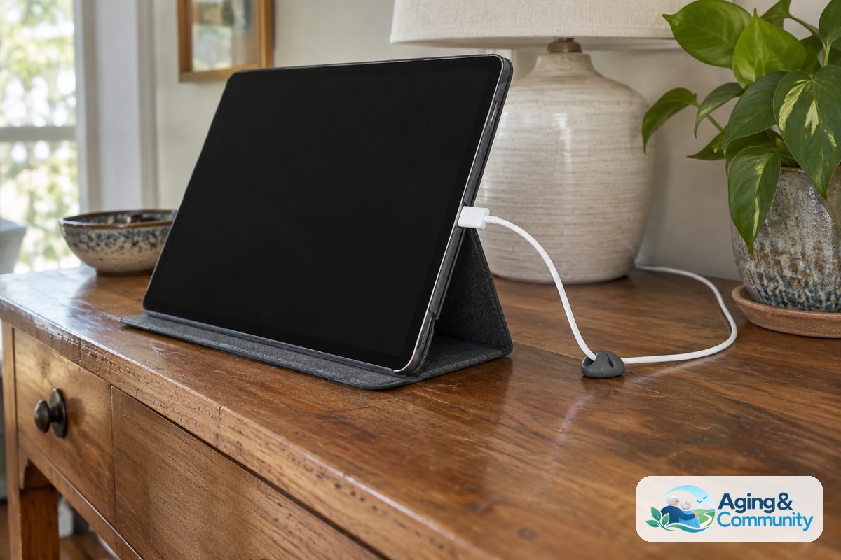 A tablet rests in a folding stand on a wooden side table with its charging cable connected and secured near the tabletop edge.