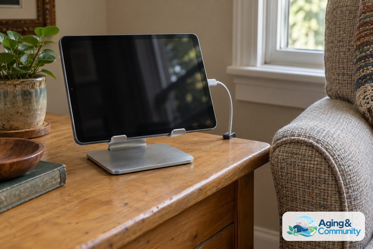 Monitor Elderly at Home With Video Calls Safely 6 A tablet sits in a sturdy charging stand on a wooden side table beside an empty armchair, with its cable routed behind the table.