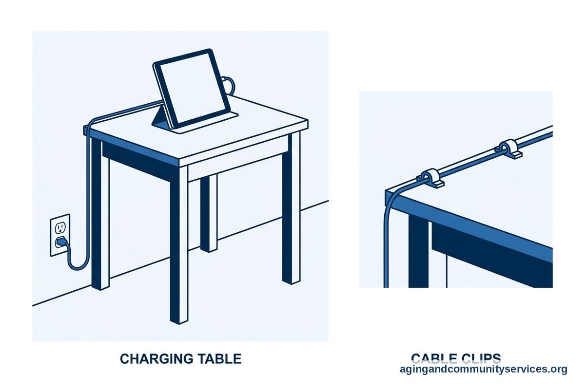 Tablet for Senior Citizen: Simple Buying Guide 7 A diagram shows a tablet charging on a side table beside a close view of clips holding its cable along the back edge.