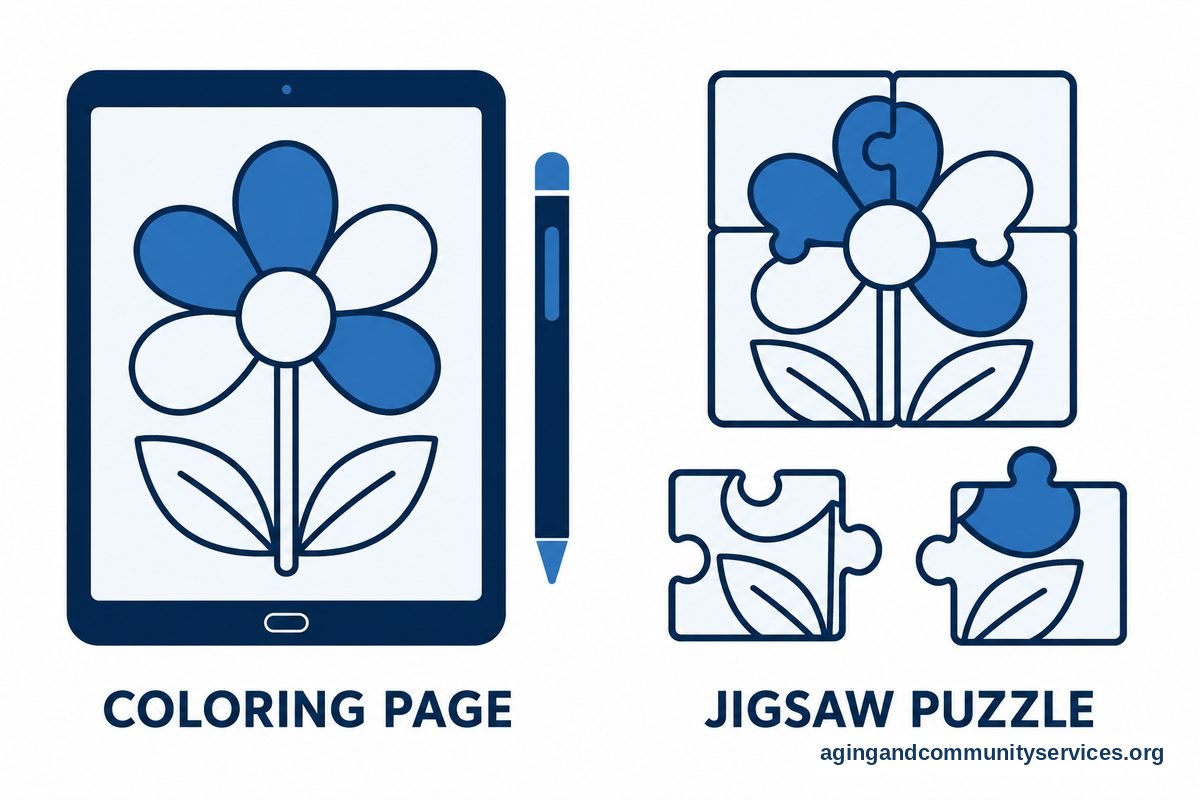 A tablet displaying a partially colored flower sits beside a physical flower puzzle with several large pieces separated.