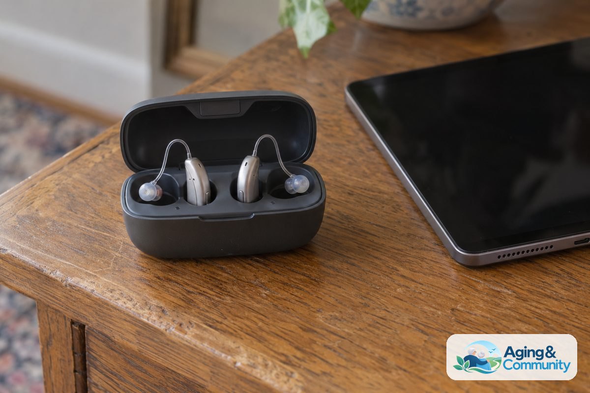 Two hearing aids with curved receiver wires sit in an open charging case beside a tablet on a wooden table.