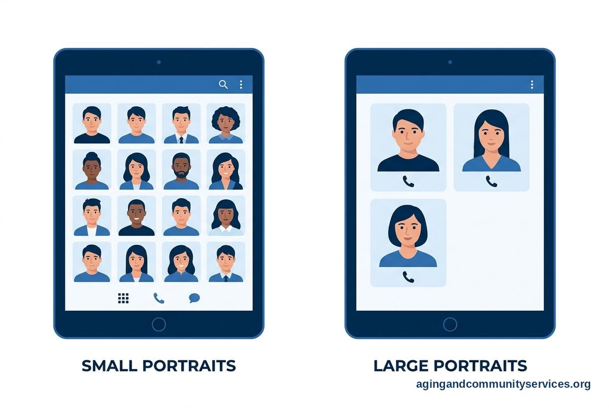 Two views of the same tablet show a crowded grid of small contact portraits and a simpler screen with three large contact portraits.