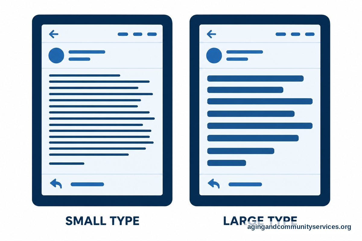 Two views of the same tablet show a crowded email display with small text marks and an enlarged display with fewer, larger text marks.