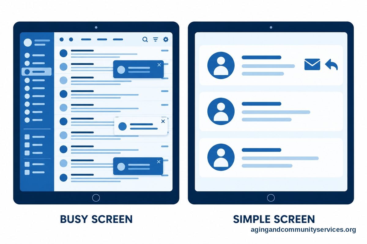 Email for Seniors with Dementia: A Helpful Setup Guide 2 Two views of the same tablet show a crowded email screen beside a simplified screen with larger message rows and fewer controls.