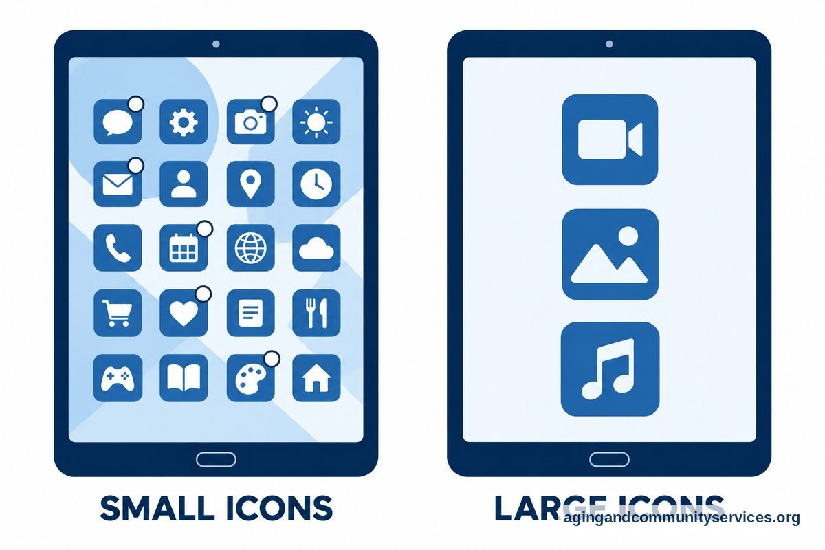 AI for Seniors With Memory Loss: A Practical Guide 5 Two matching tablets show a crowded grid of small icons on the left and four large, widely spaced icons on the right.