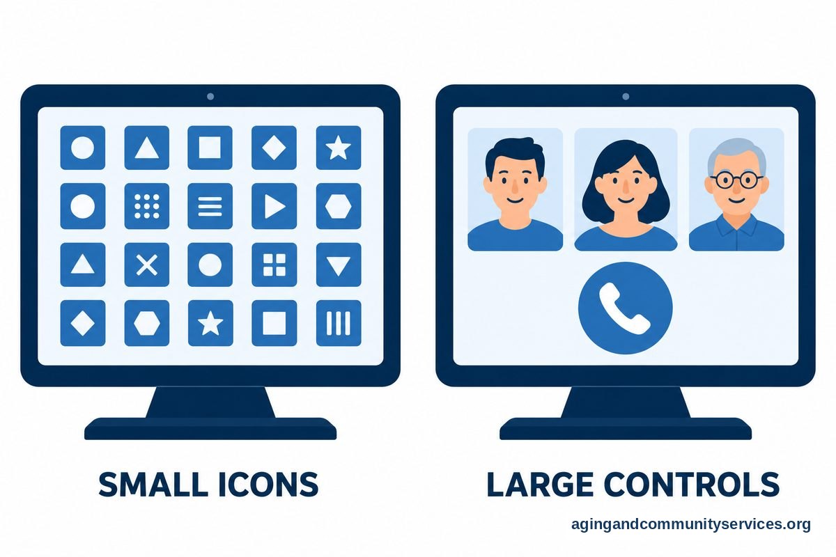 Monitor Elderly at Home With Video Calls Safely 3 The same tablet appears twice, first with many small app icons and then with three large contact portraits and a prominent handset button.